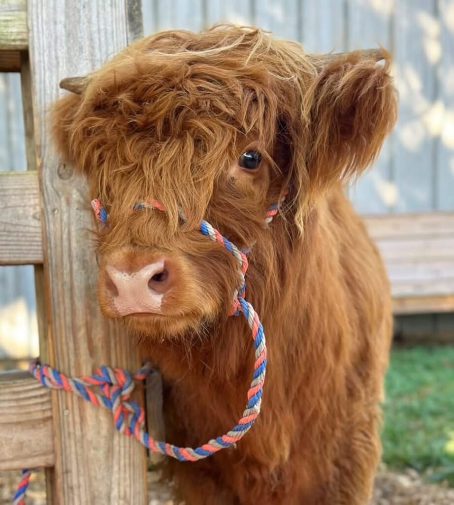 Mini Highland cow in a secure livestock handling area